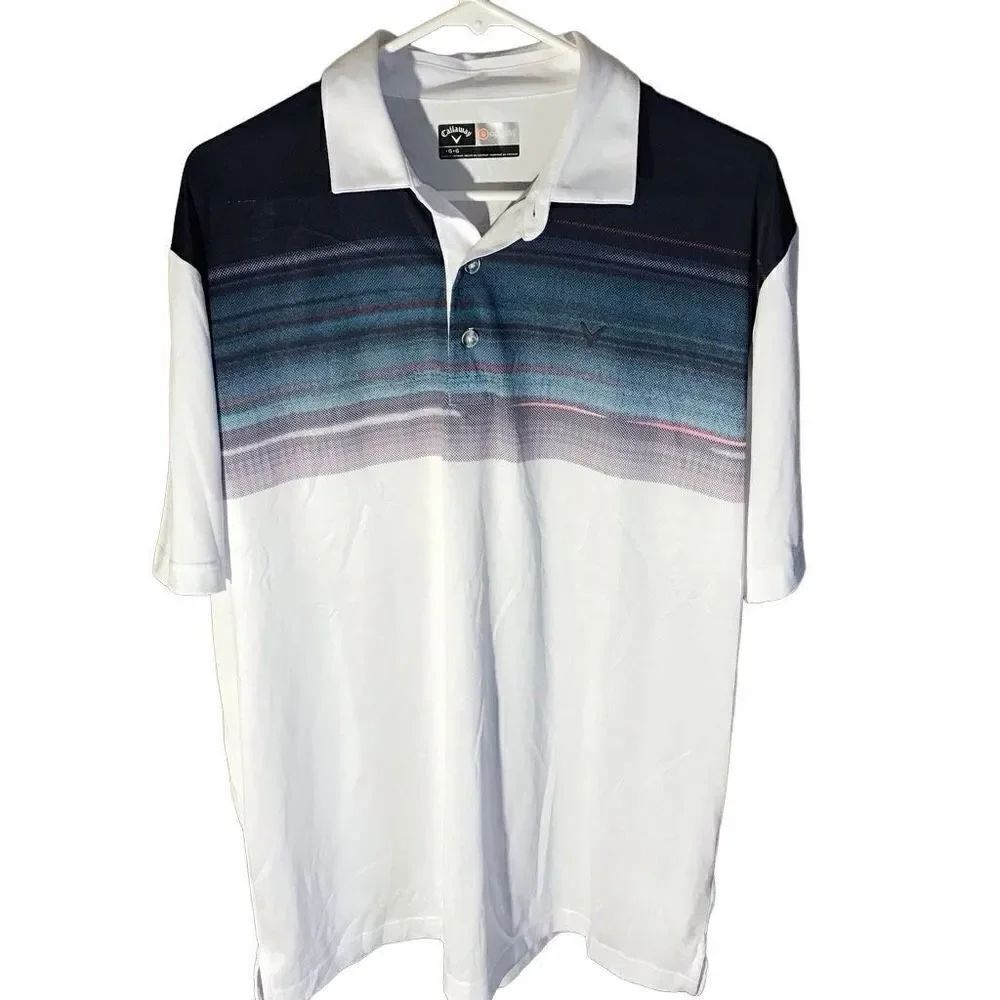Callaway golf polo men’s shirt Size Large white blue opti Dri athletic striped
